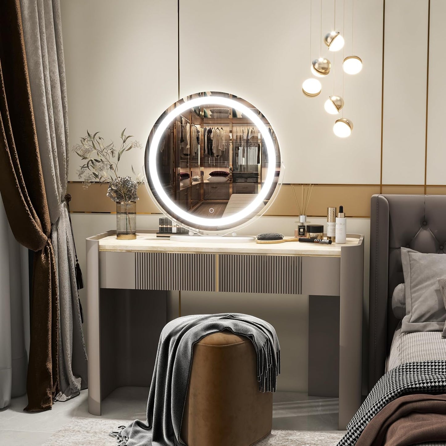 20 Inch Large Vanity Makeup Mirror with Lights, 3 Color Lighting Modes | round Lighted up Makeup Mirror with Dimming LED Halo for Dressing Room & Bedroom Tabletop, Touch Control (White)