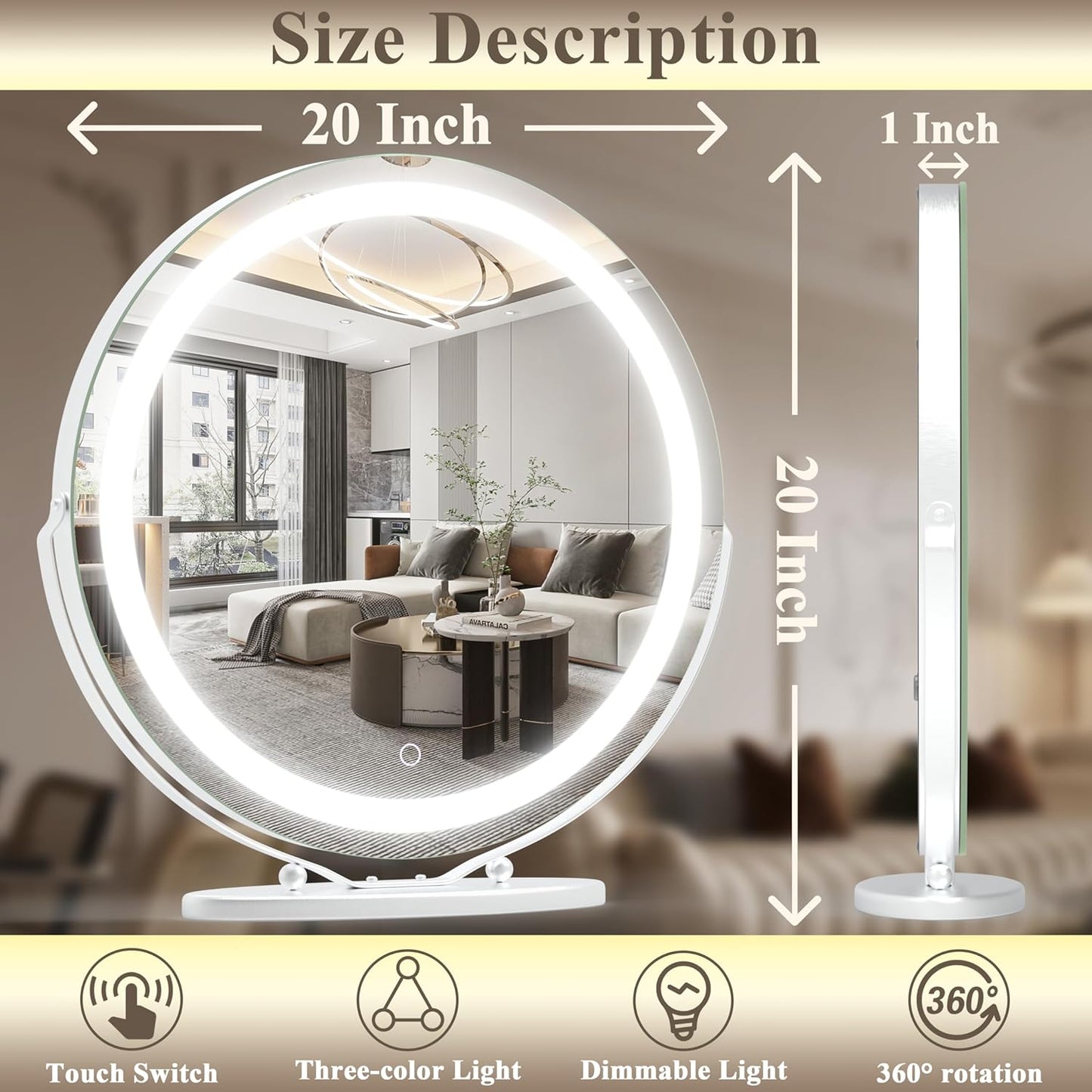 20 Inch Large Vanity Makeup Mirror with Lights, 3 Color Lighting Modes | round Lighted up Makeup Mirror with Dimming LED Halo for Dressing Room & Bedroom Tabletop, Touch Control (White)