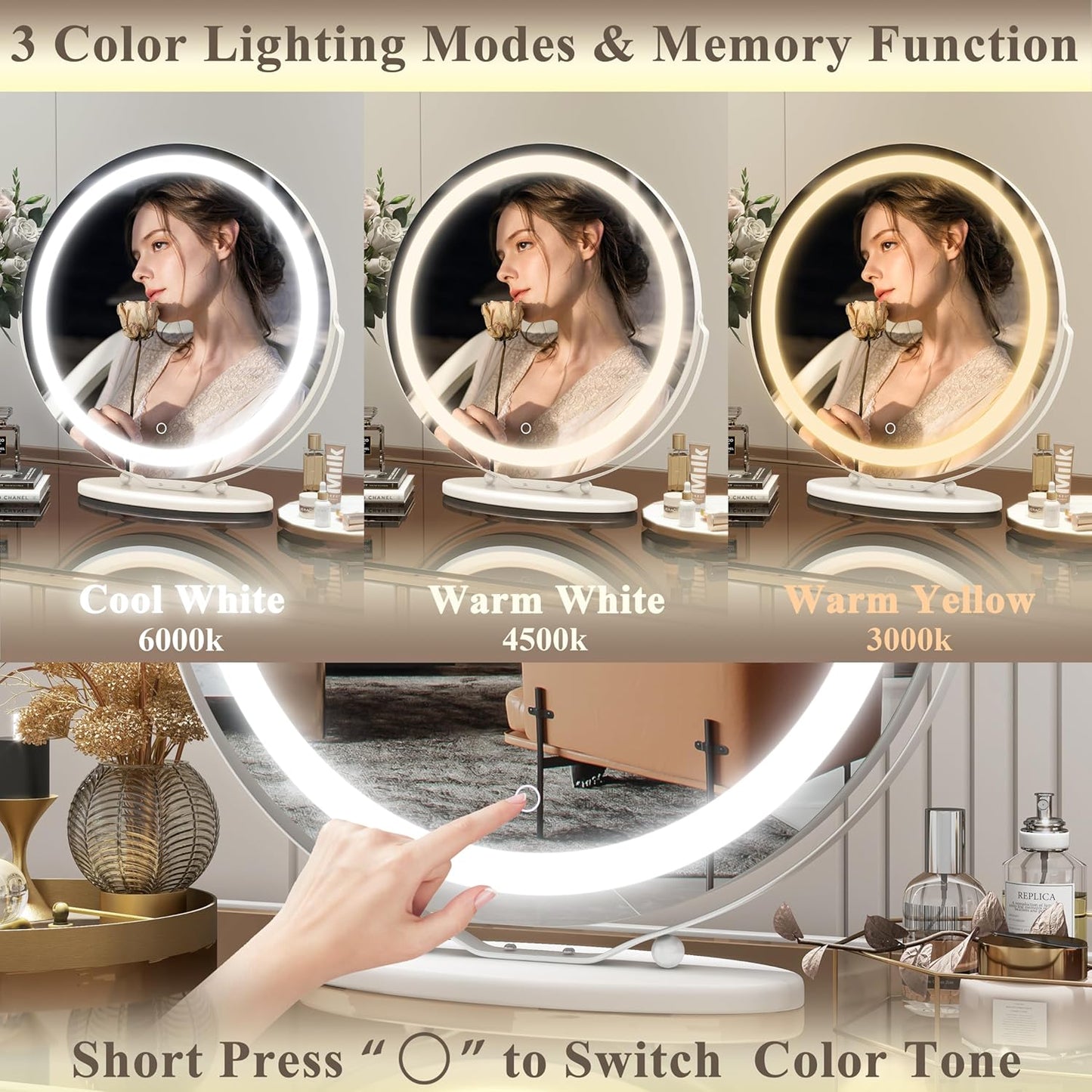 20 Inch Large Vanity Makeup Mirror with Lights, 3 Color Lighting Modes | round Lighted up Makeup Mirror with Dimming LED Halo for Dressing Room & Bedroom Tabletop, Touch Control (White)