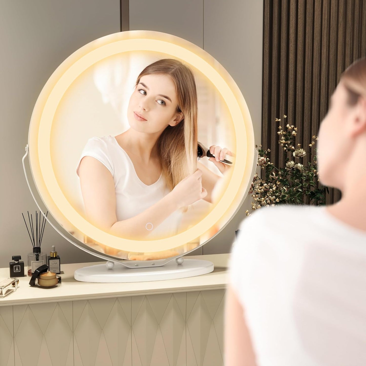 20 Inch Large Vanity Makeup Mirror with Lights, 3 Color Lighting Modes | round Lighted up Makeup Mirror with Dimming LED Halo for Dressing Room & Bedroom Tabletop, Touch Control (White)