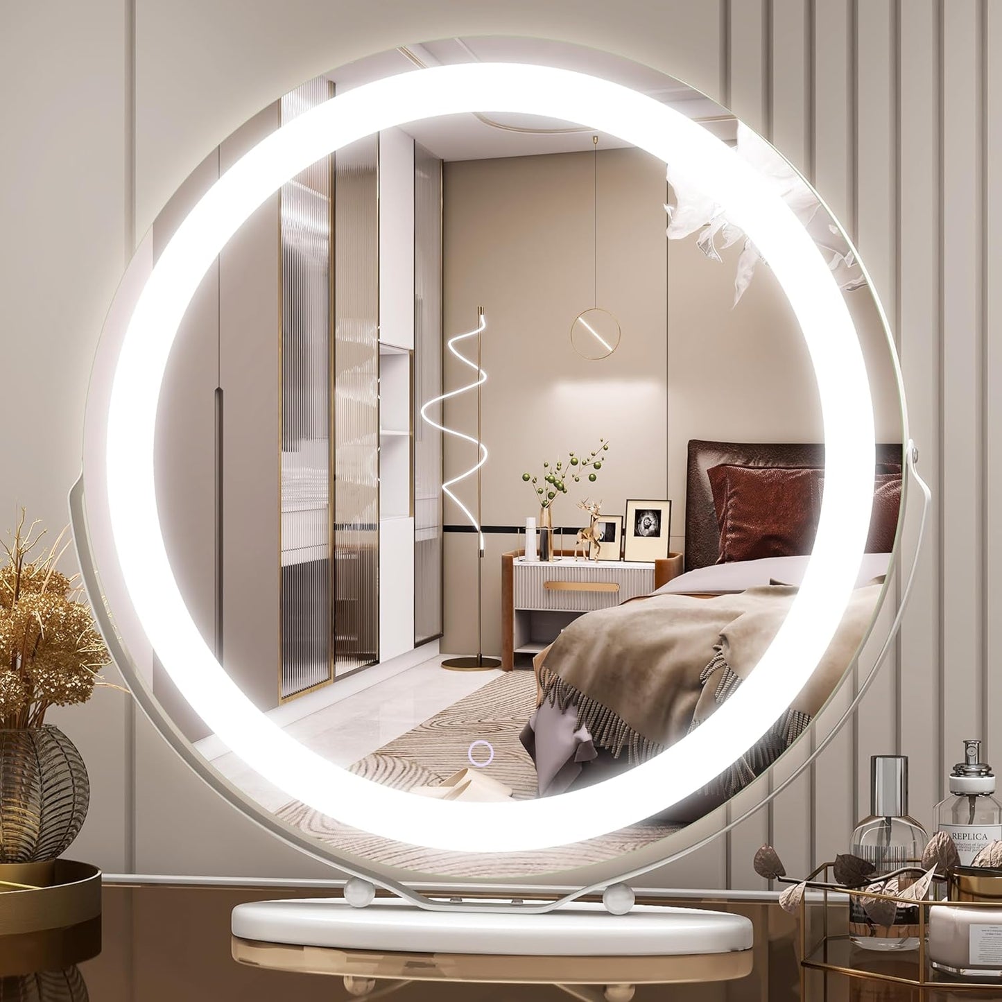 20 Inch Large Vanity Makeup Mirror with Lights, 3 Color Lighting Modes | round Lighted up Makeup Mirror with Dimming LED Halo for Dressing Room & Bedroom Tabletop, Touch Control (White)